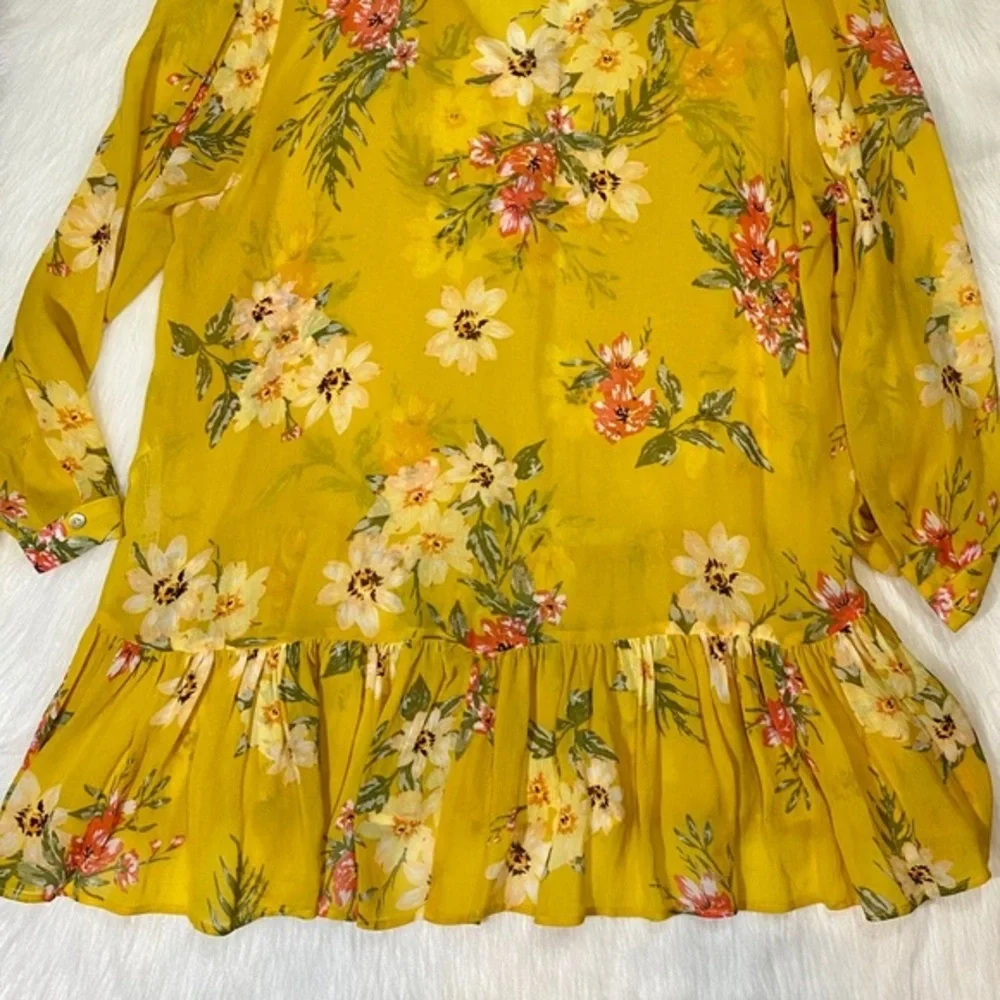 Zara Boho Blouse Oversized Floral Sheer Chiffon Yellow Top V-neck - Picture 8 of 10